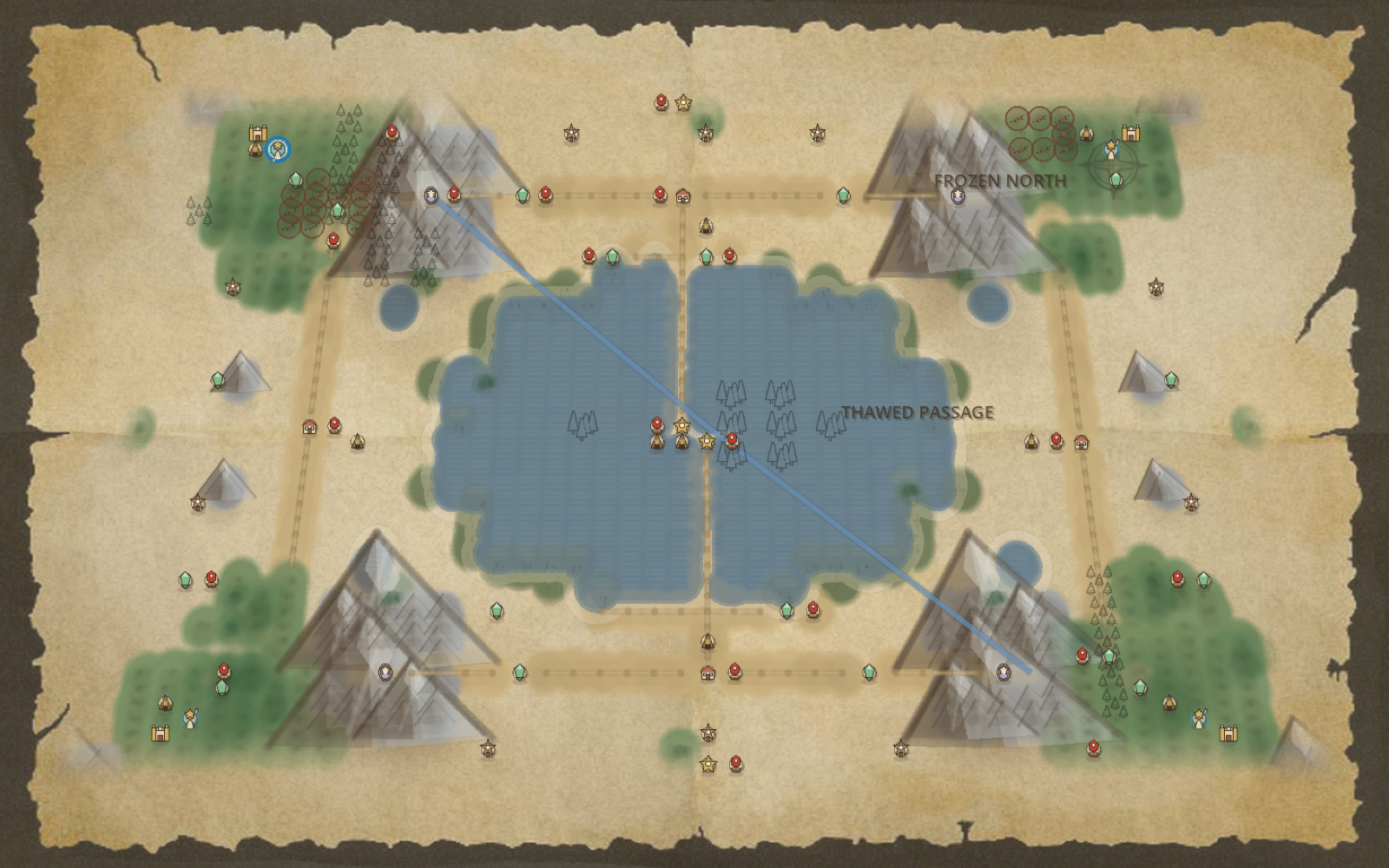 Frozen citadel map overview with water, roads, walls, and snowy terrain.