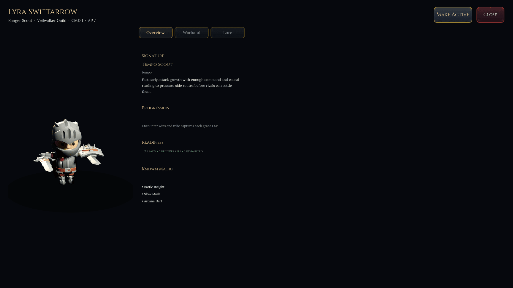 Hero panel showing Lyra Swiftarrow, a KayKit-style playable hero, with stats and powers.