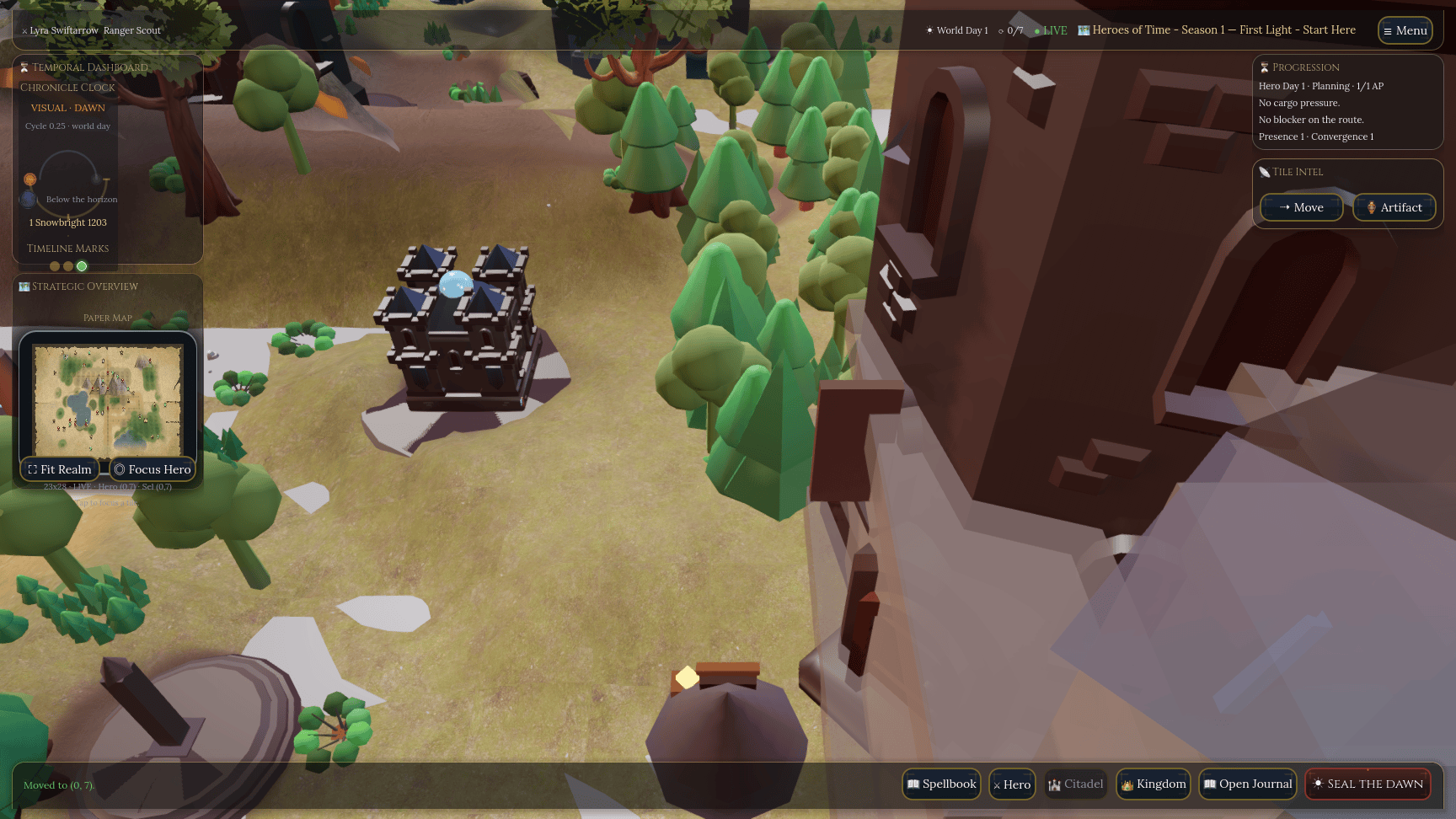 Heroes of Time adventure map showing movement preview, action points, and route state.