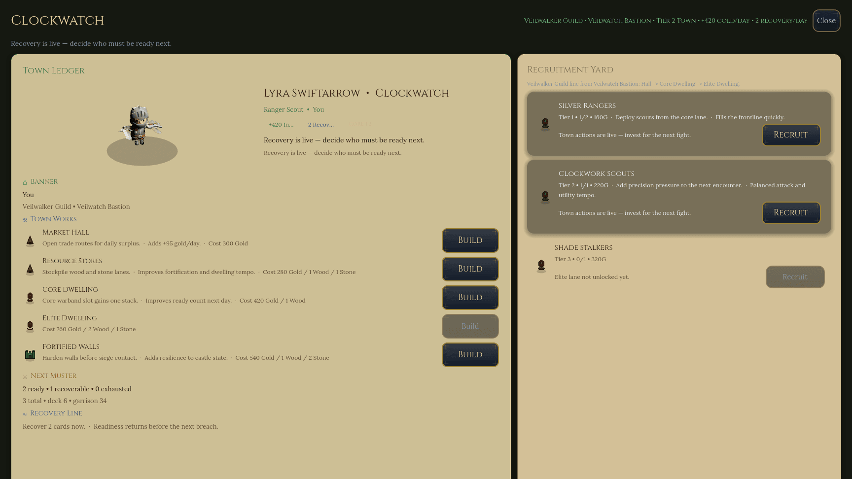 Town screen showing recruitment and town systems.