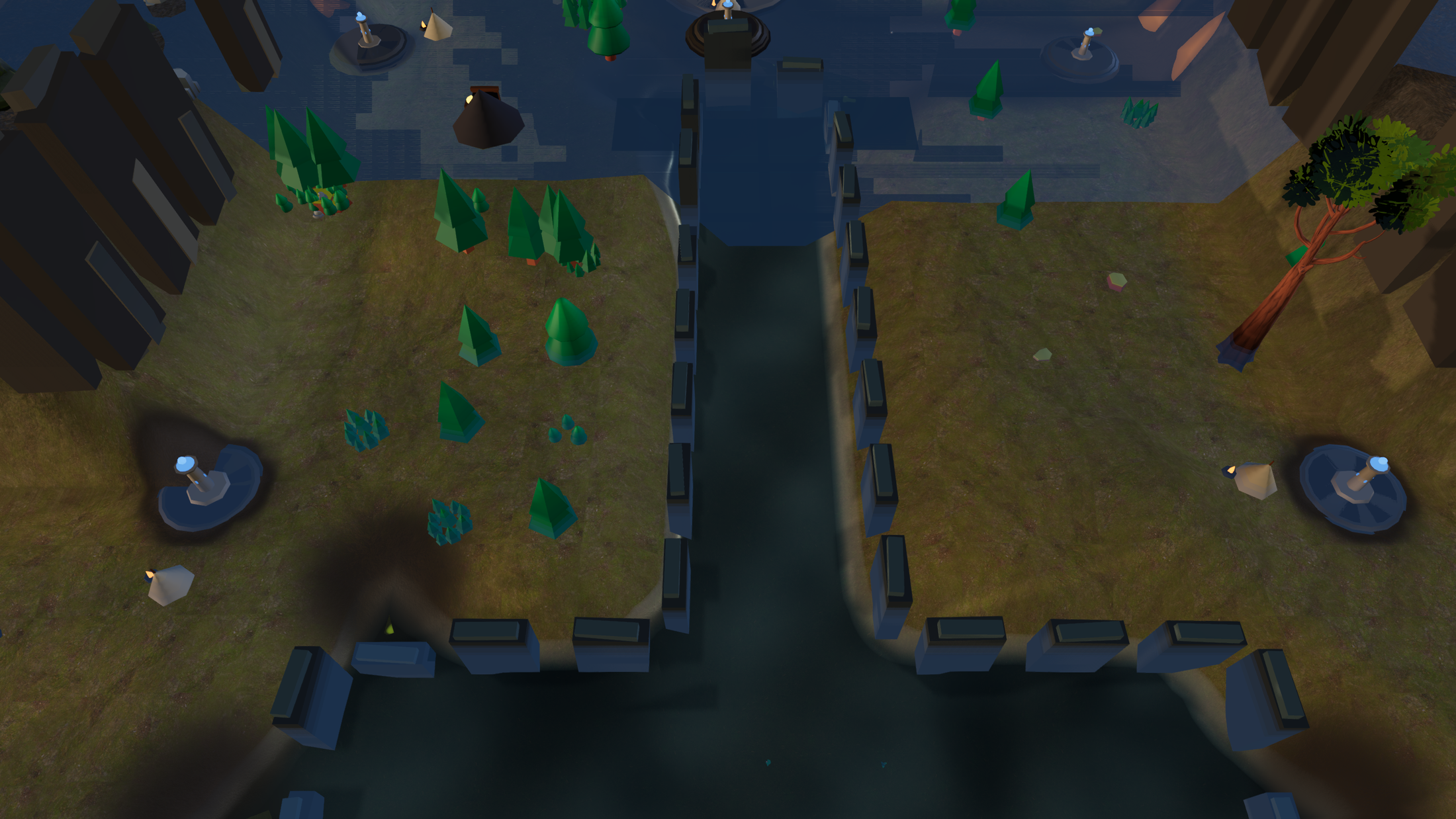 Castle conquest map with two sides divided by water and bridge crossings.