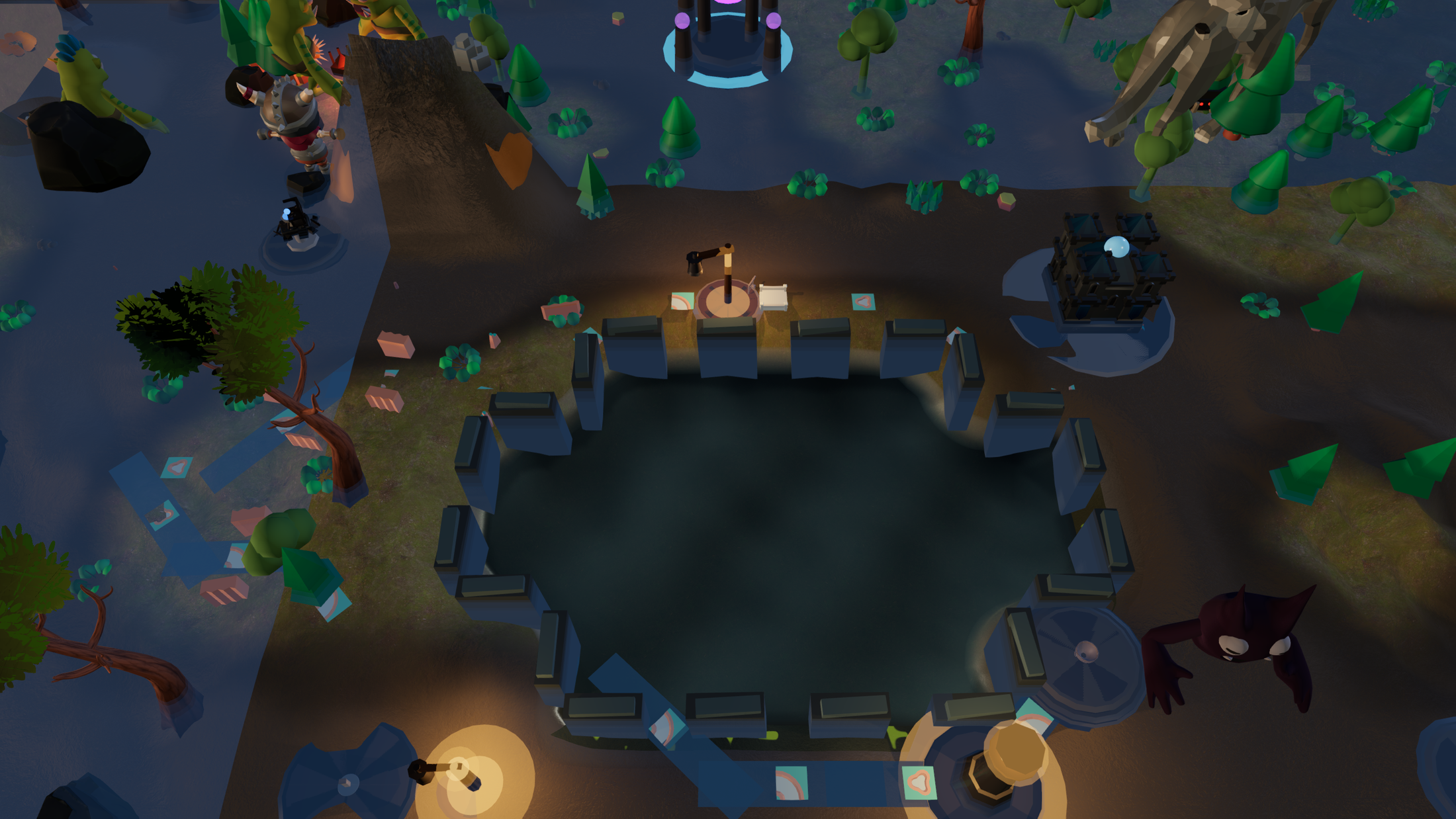 In-game lakeside stronghold map with a castle, water crossings, roads, and guarded value.