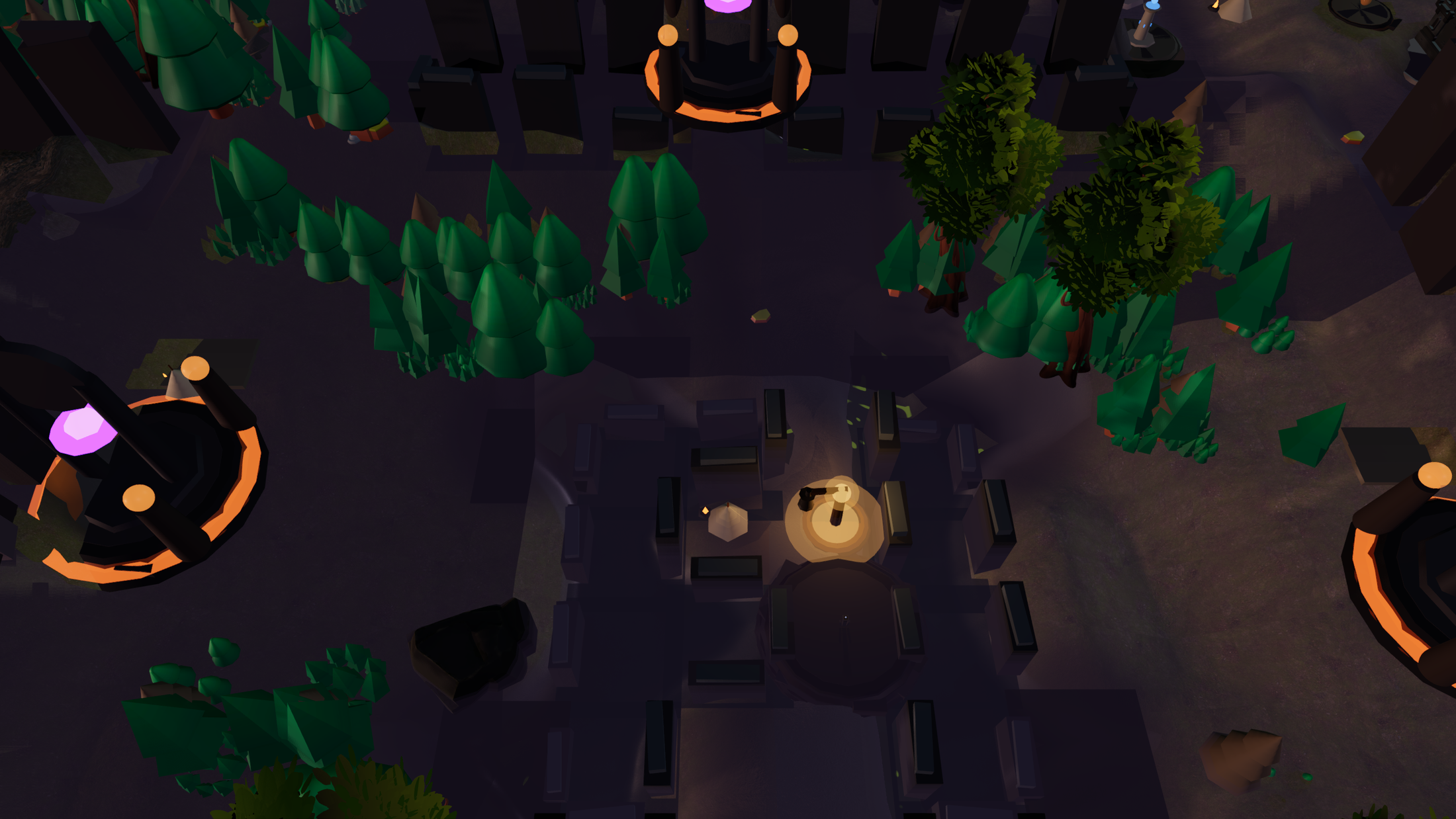 Temporal sanctum map overview with magical structures and branching roads.