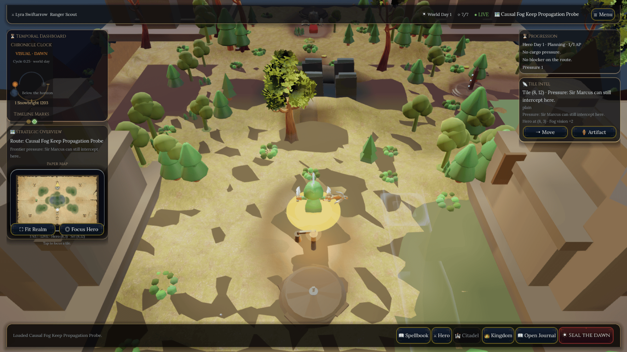 Adventure map HUD showing causal fog, pressure, route state, and available choices.