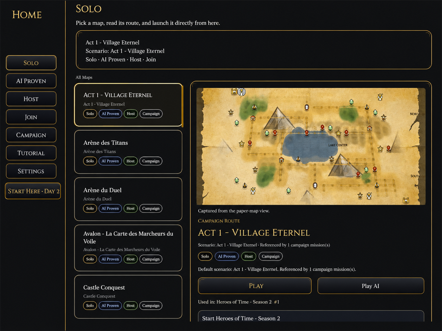 Solo map browser showing Act 1 Village Eternel with a paper map preview and launch actions.