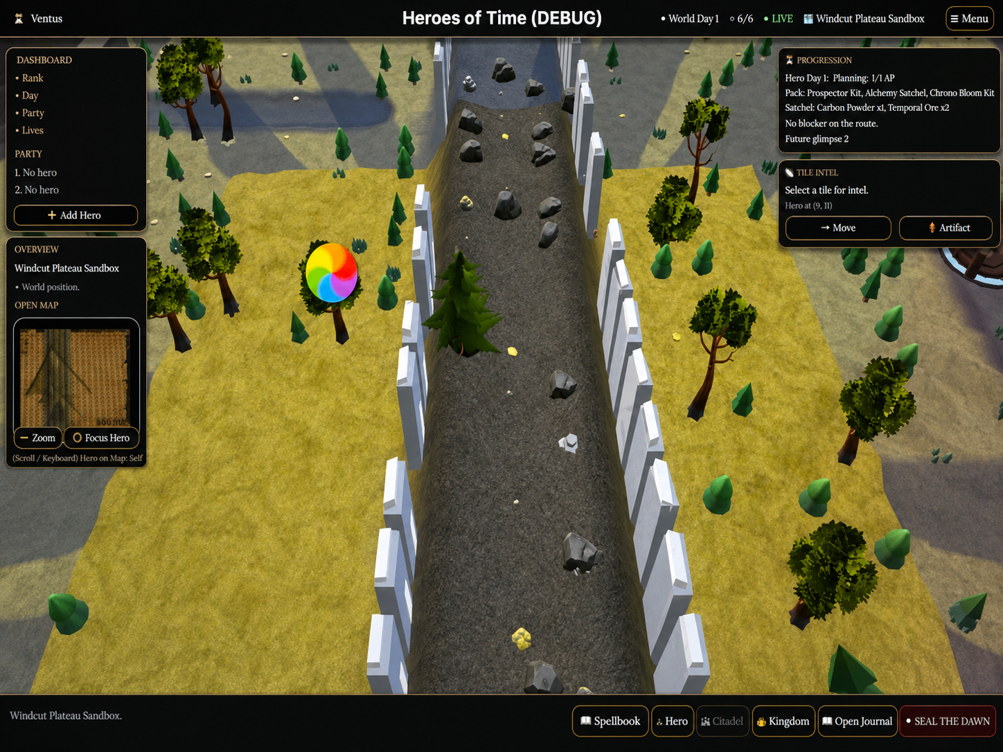 Windcut Plateau 3D sandbox map with terrain, HUD panels, action buttons, and local day state.