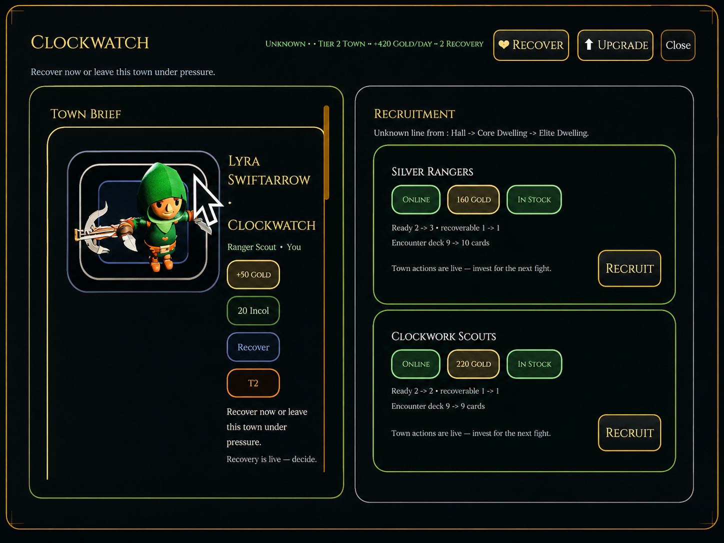 Clockwatch town screen showing Lyra Swiftarrow, recovery, upgrade, and recruitment offers.
