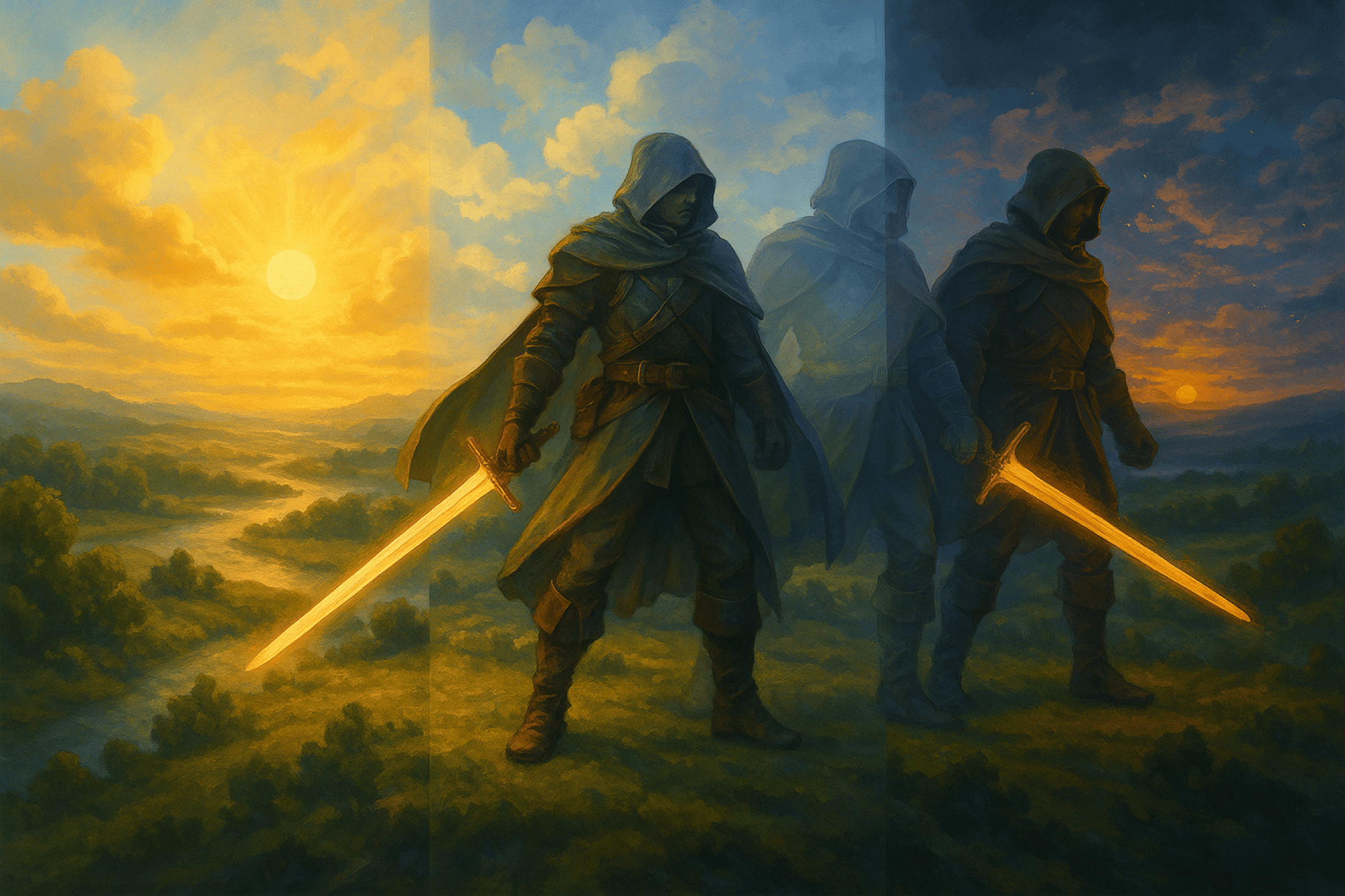 A temporal warrior standing across three possible times.