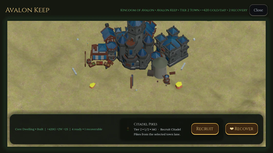 Avalon Keep town screen with a blue-roofed castle, grass terrain, recruit, and recover actions.