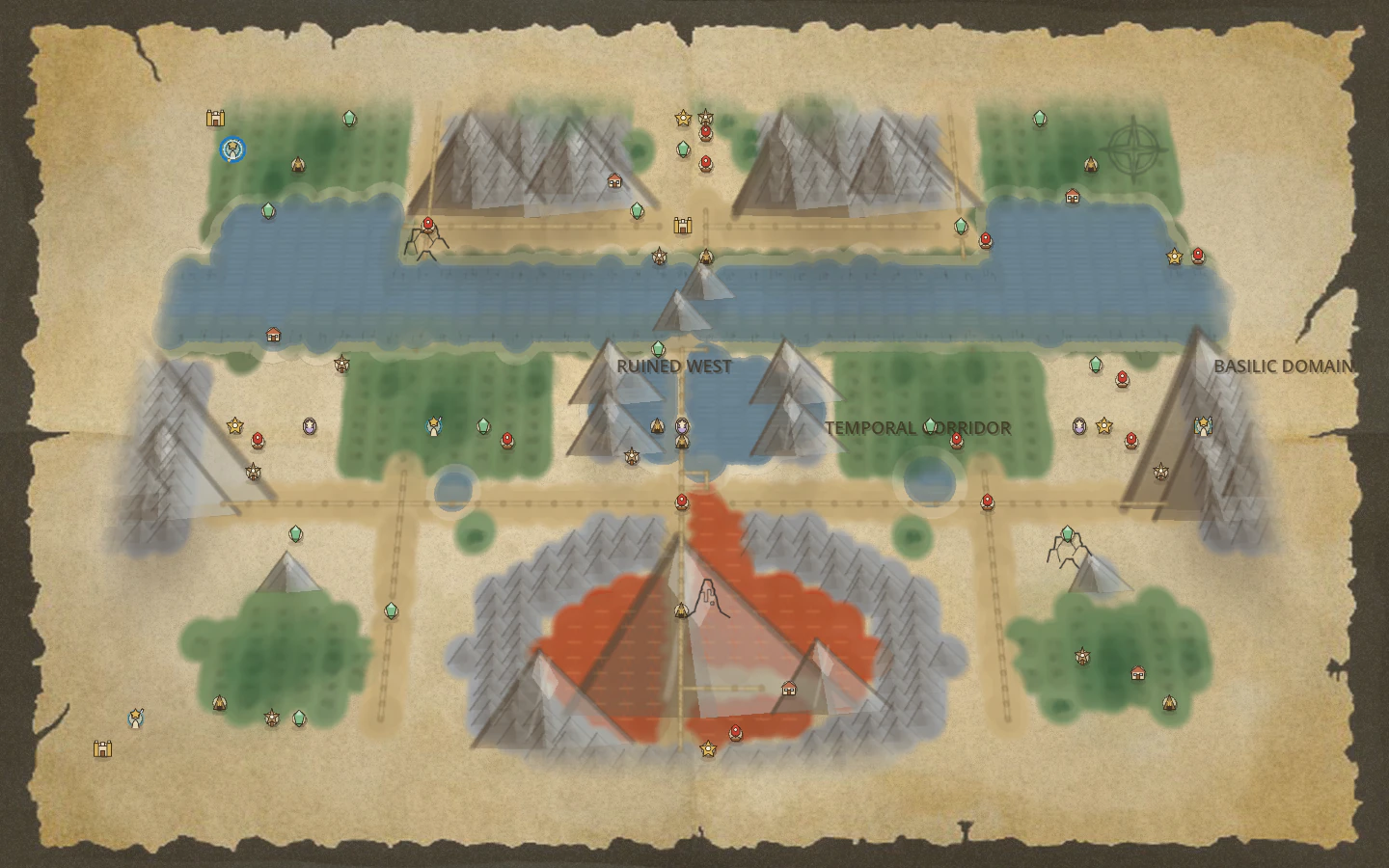 Basilic Domain paper map with rivers, mountains, roads, relics, towns, and guarded routes.