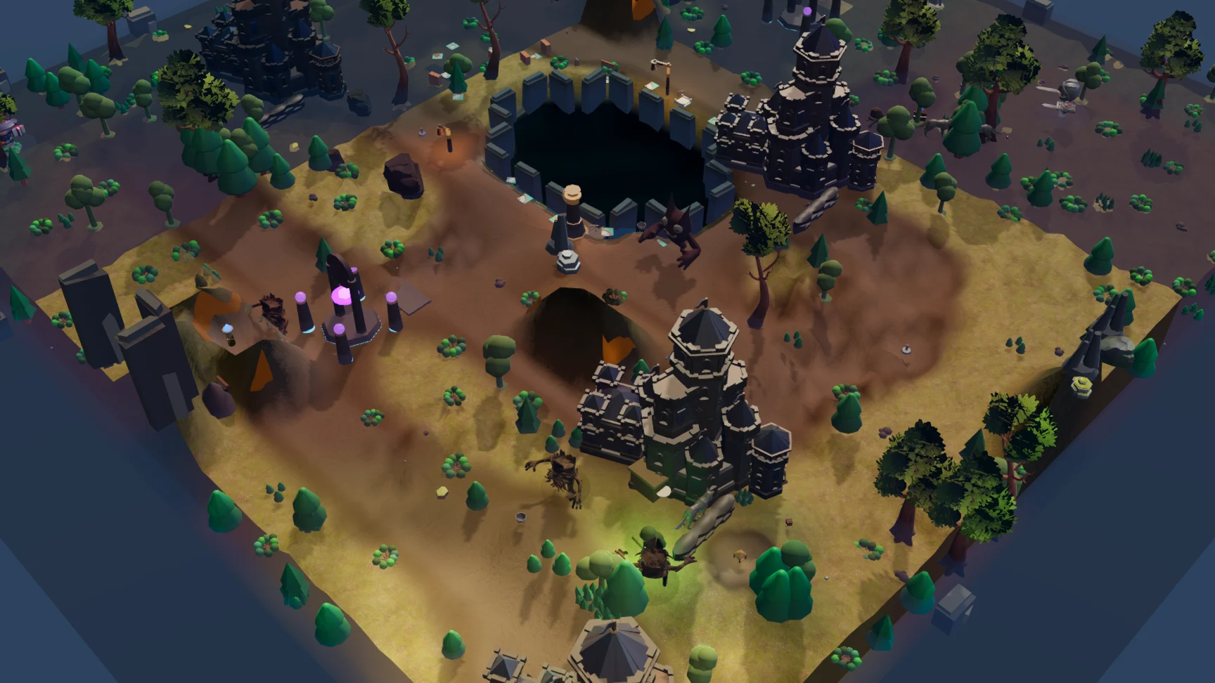 Long island camera over Lakeside Stronghold showing the map as a contained playable island.