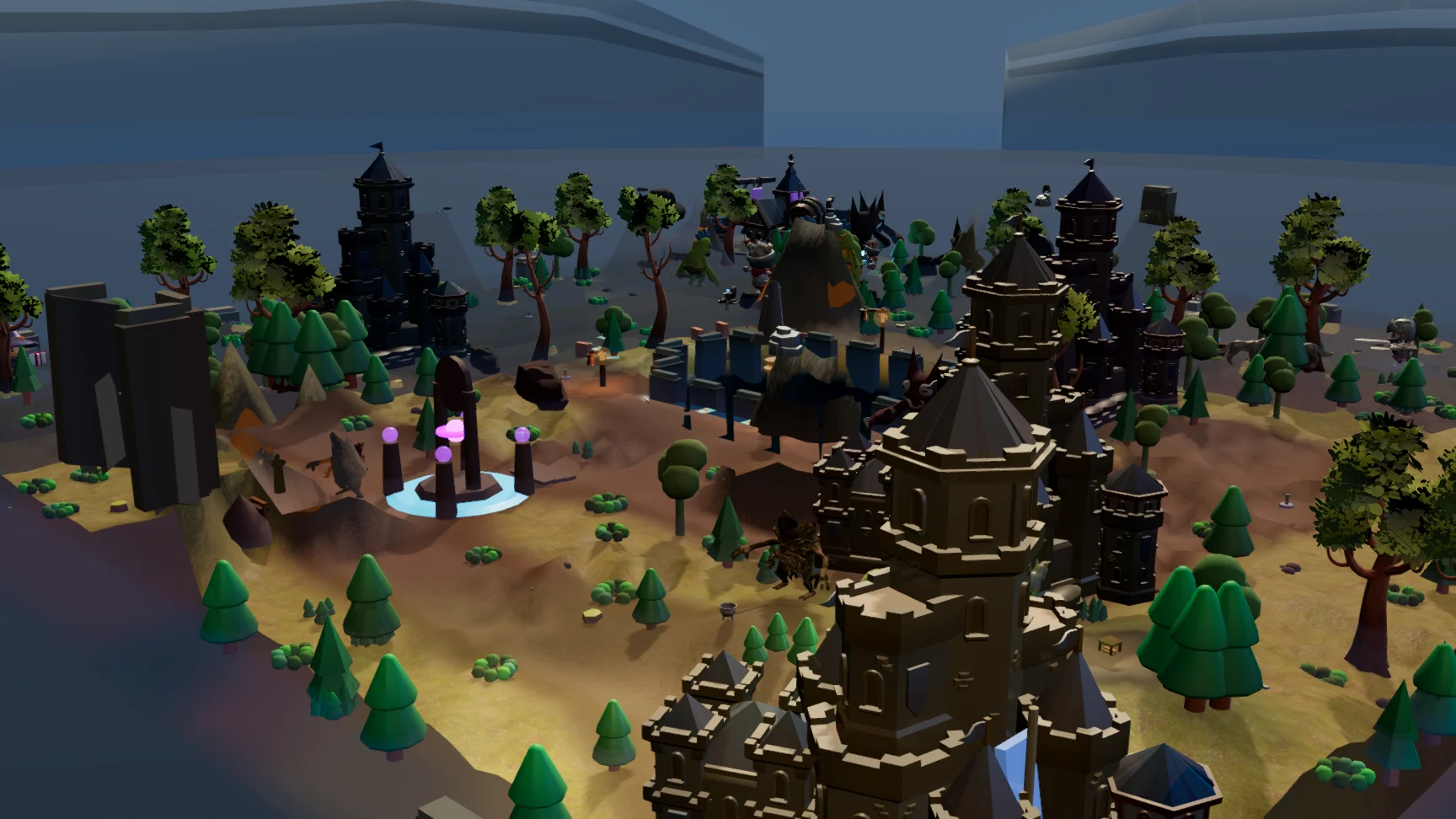 Low postcard camera over Lakeside Stronghold with castles, trees, ritual sites, and layered terrain.