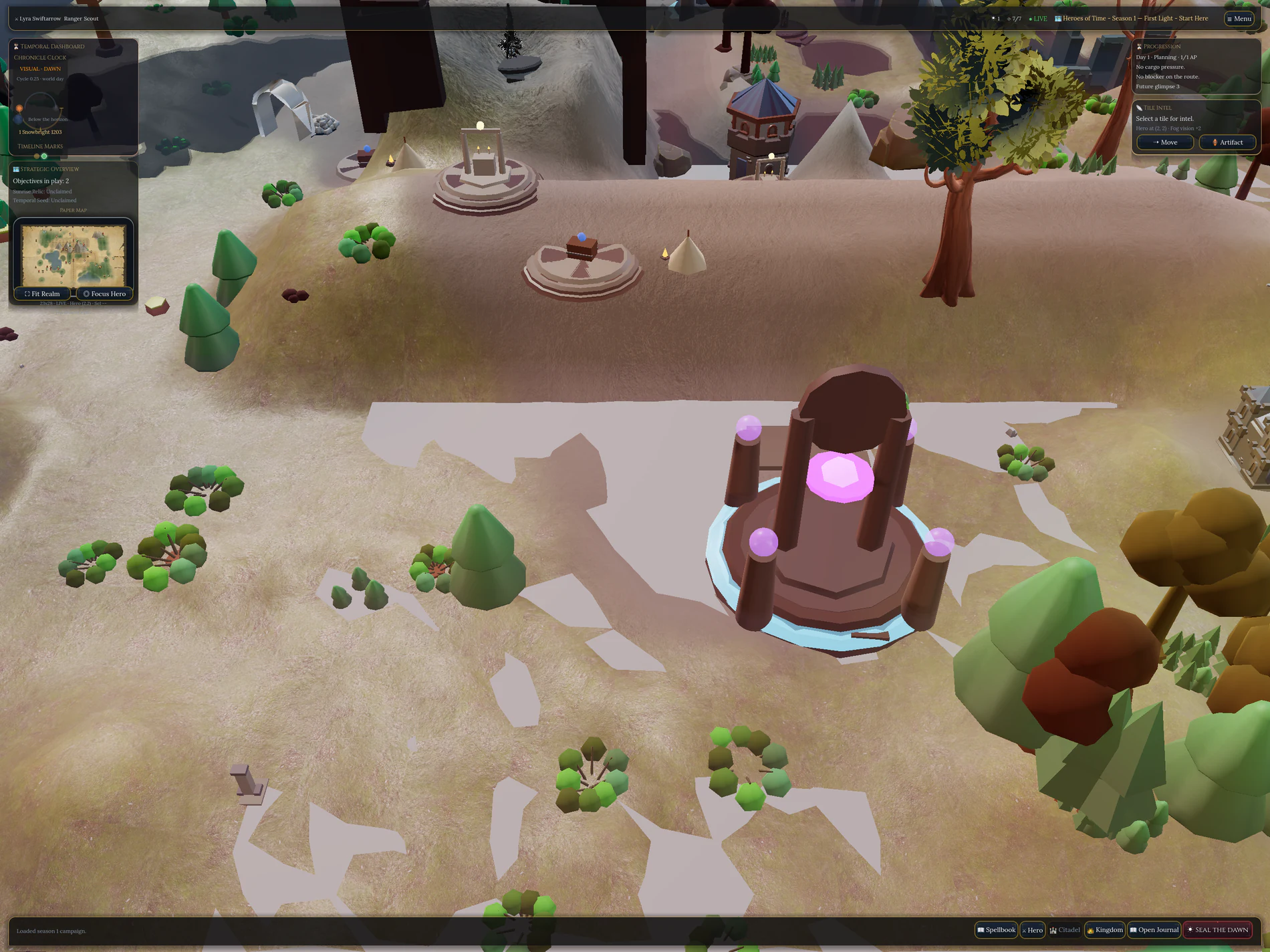 Campaign view with HUD panels, a citadel, terrain, map preview, and dawn lighting.