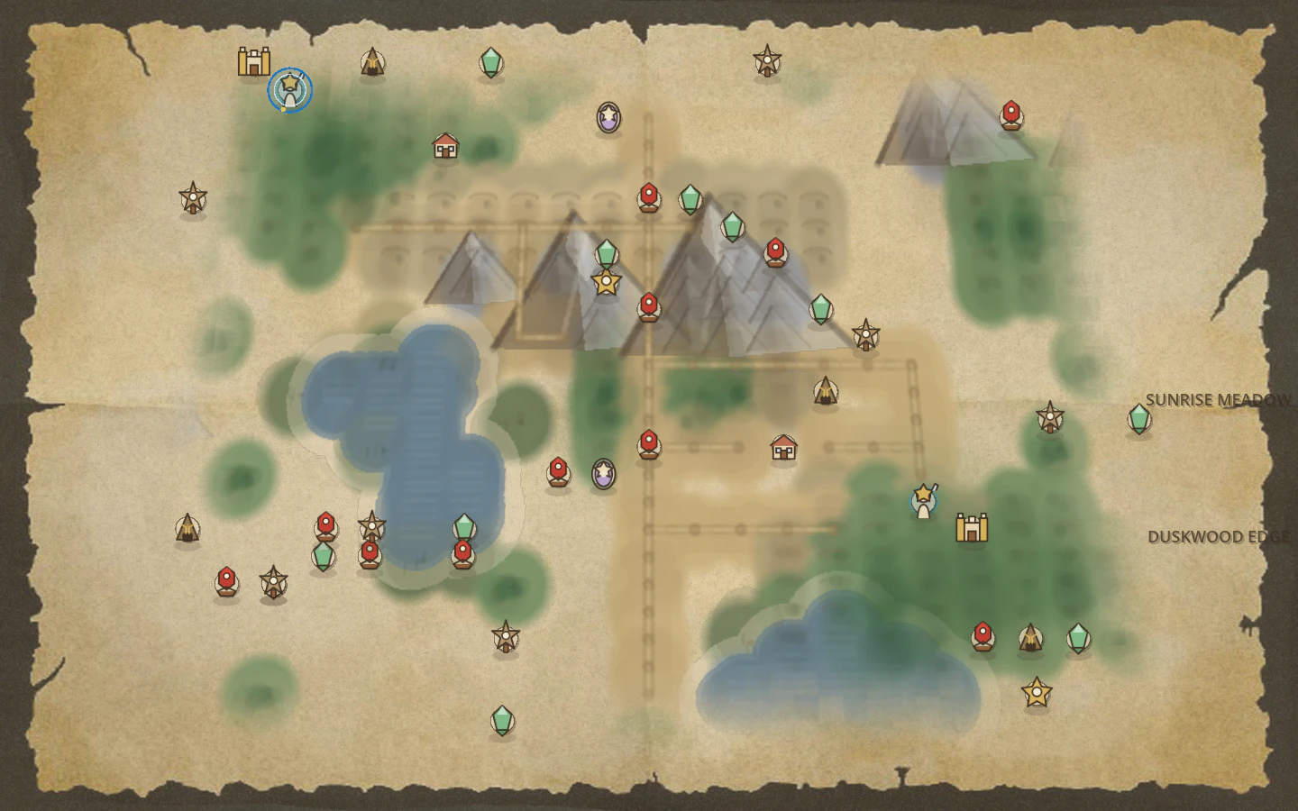 First Light paper map with lakes, woods, roads, objectives, and route icons.