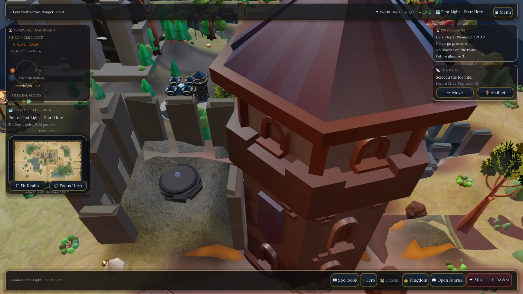 Heroes of Time game HUD over the First Light adventure map with route state and world day controls.