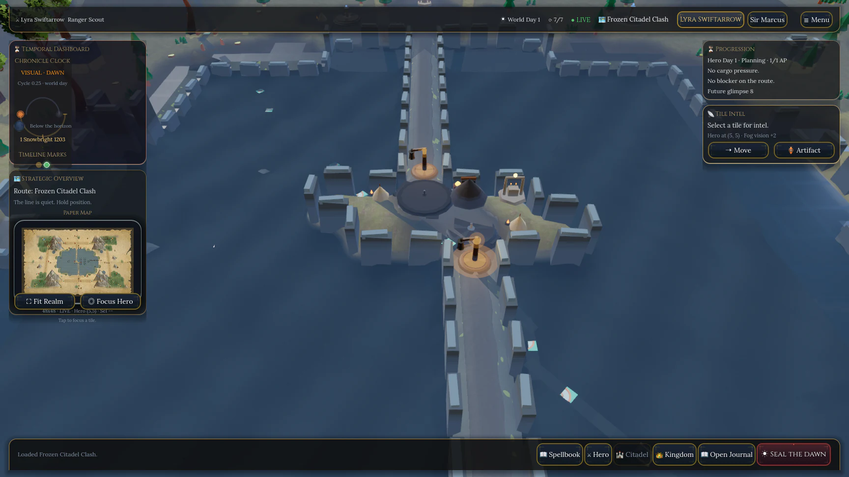 Frozen Citadel Clash game HUD with a wide bridge, water, walls, and two selectable heroes.