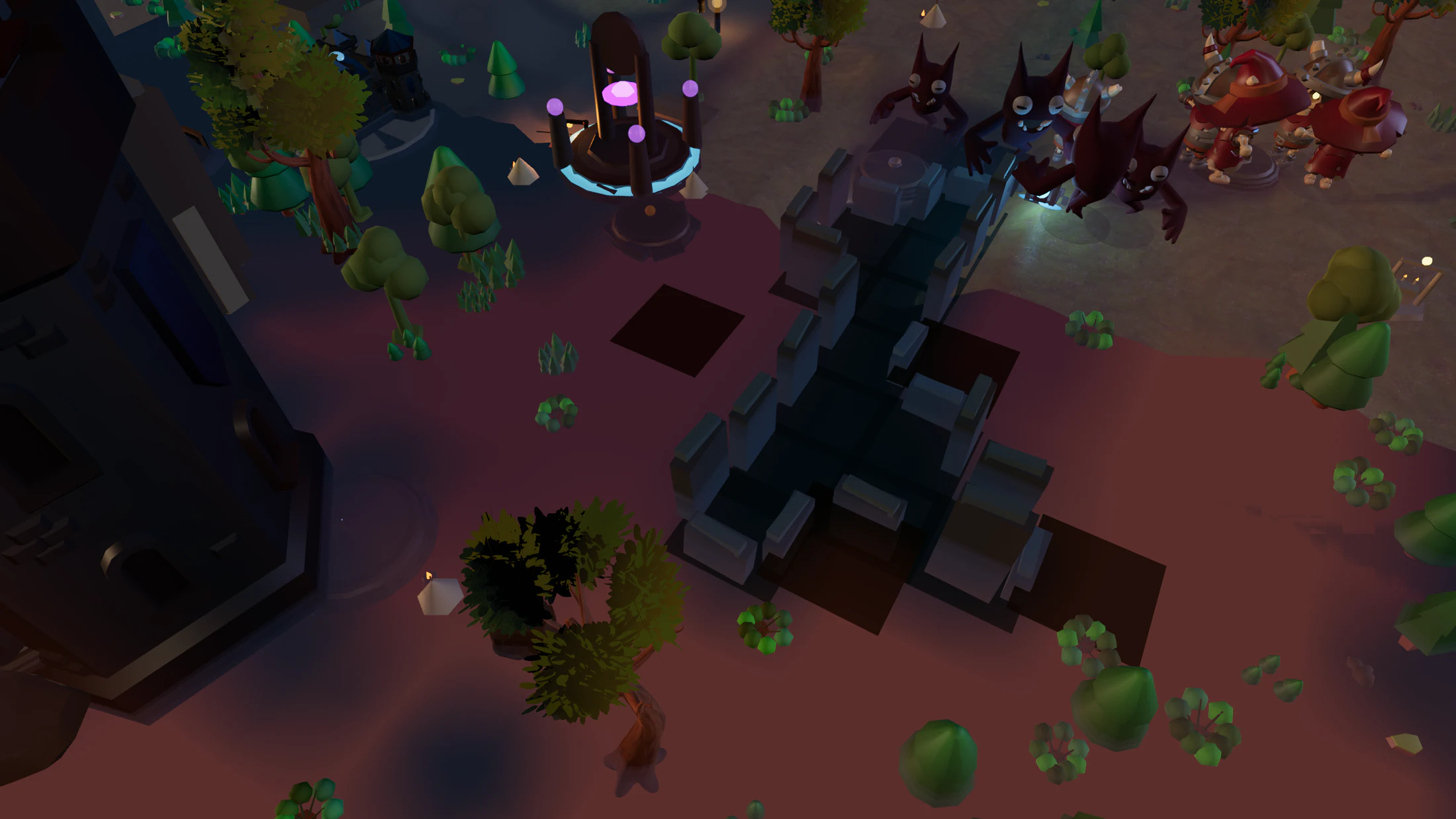Night strategic map with bridges, castle walls, monsters, portals, and colored claim markers.
