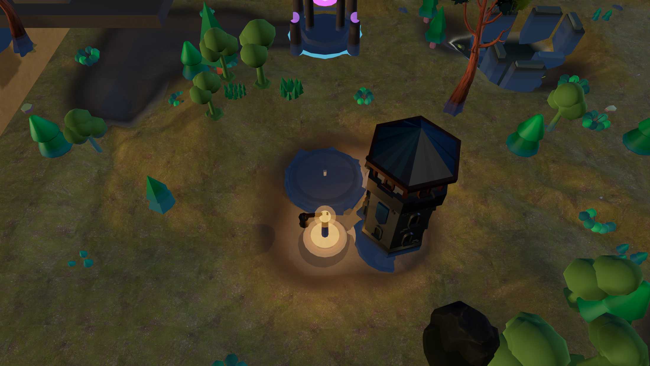 Night overview of a keep, trees, magical structures, and guarded terrain.