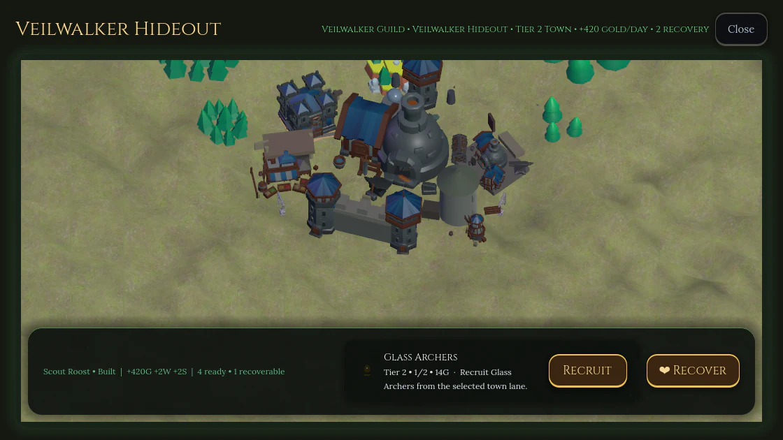 Veilwalker Hideout town screen with dark machinery, towers, trees, recruit, and recover actions.