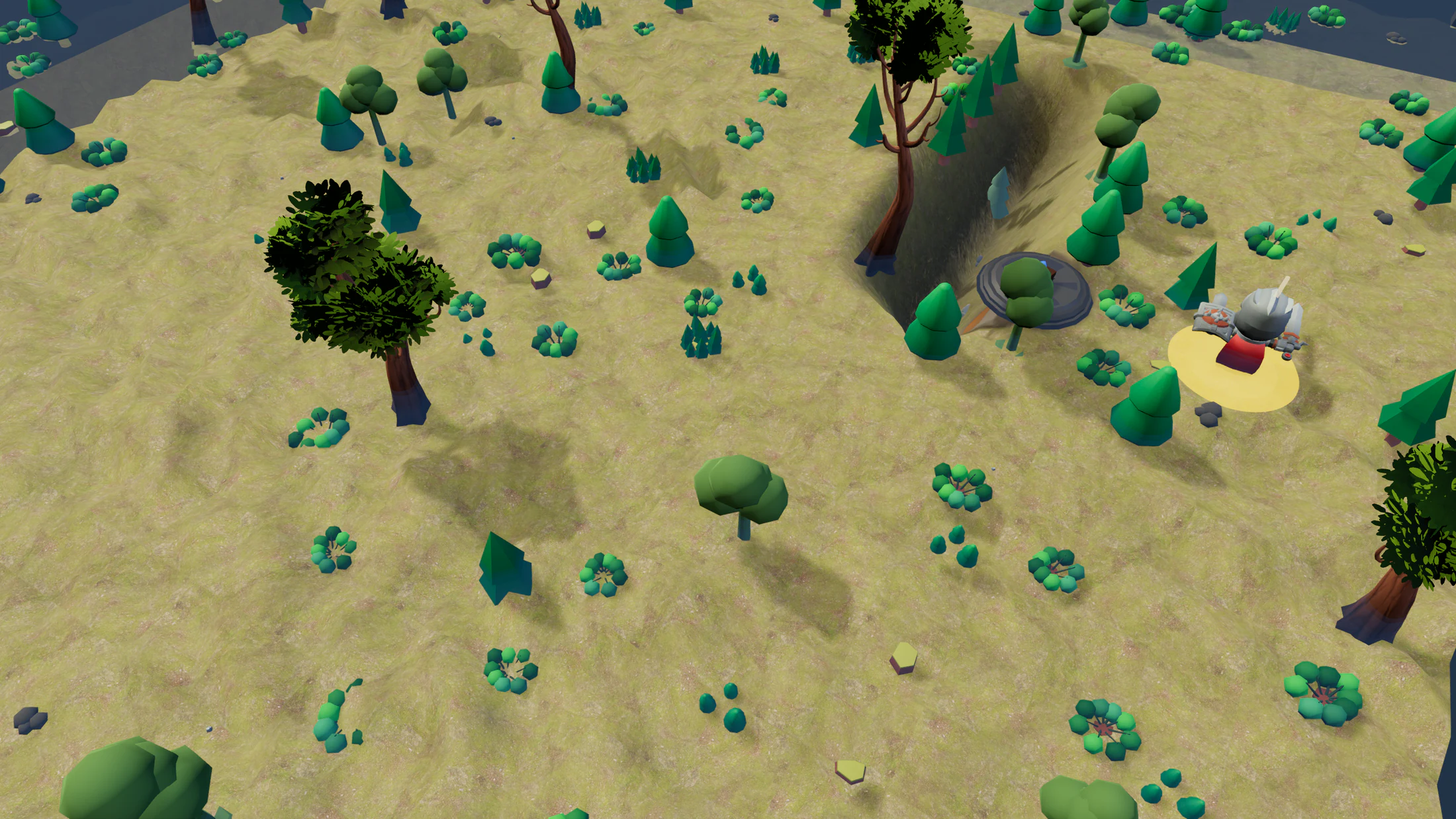 Wide in-game adventure map with a hero, cliffs, trees, roads, and route space visible from above.